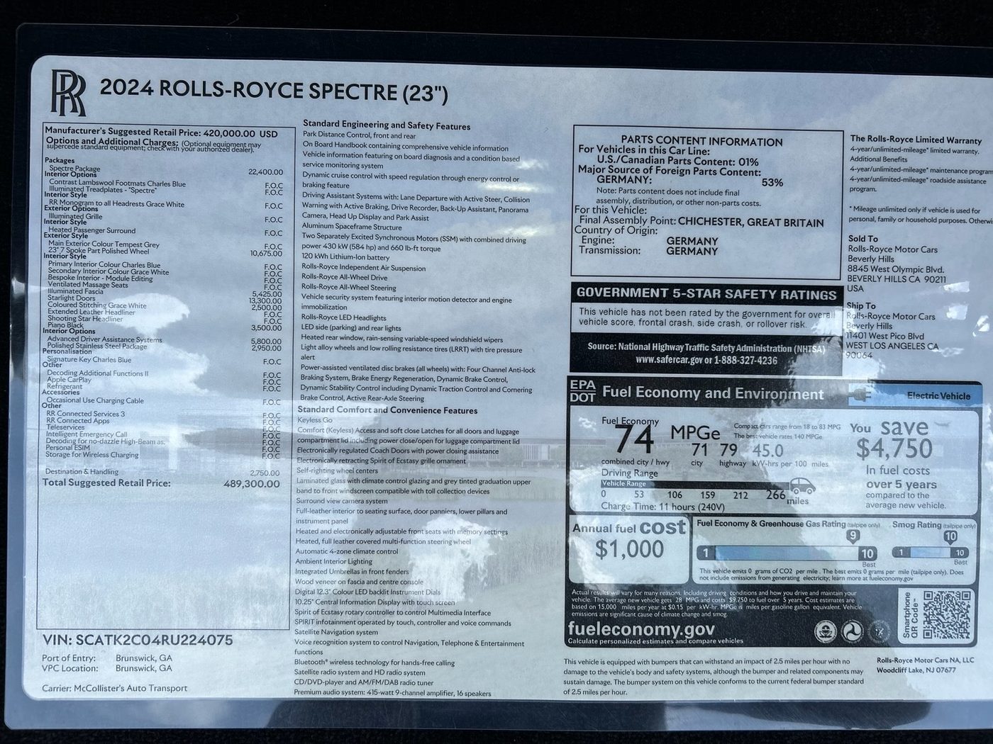Original 2024 Rolls-Royce Spectre factory window sticker